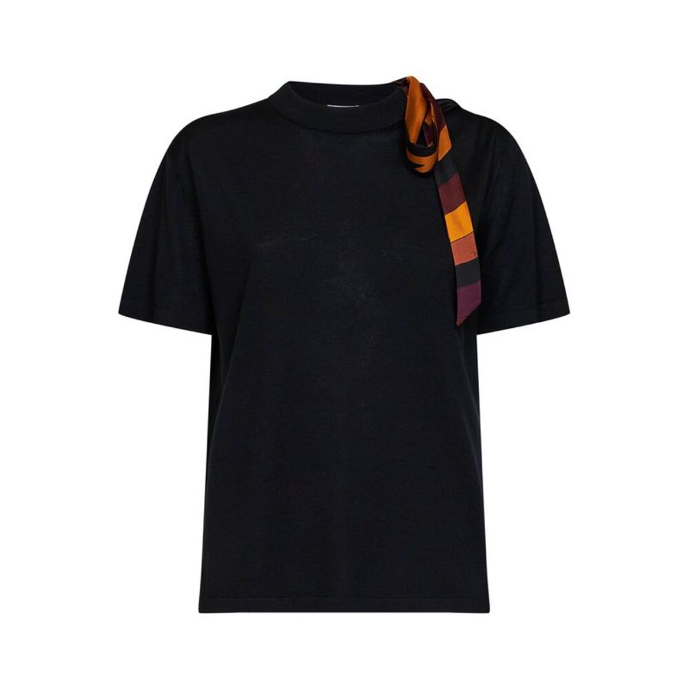 Pucci Women Black Superfine Wool T-Shirt With Printed Scarf Detail